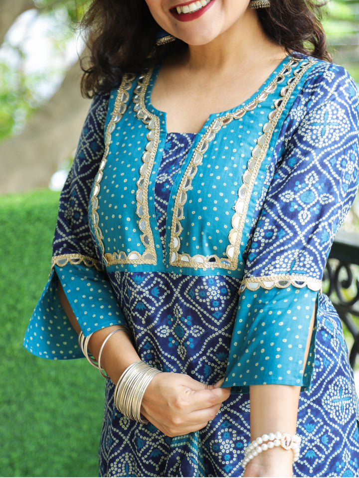 Rimjhim Dark Blue with Polka Dot Yoke and Mirror Lace Bandhani Print Cotton 3 PIece Set