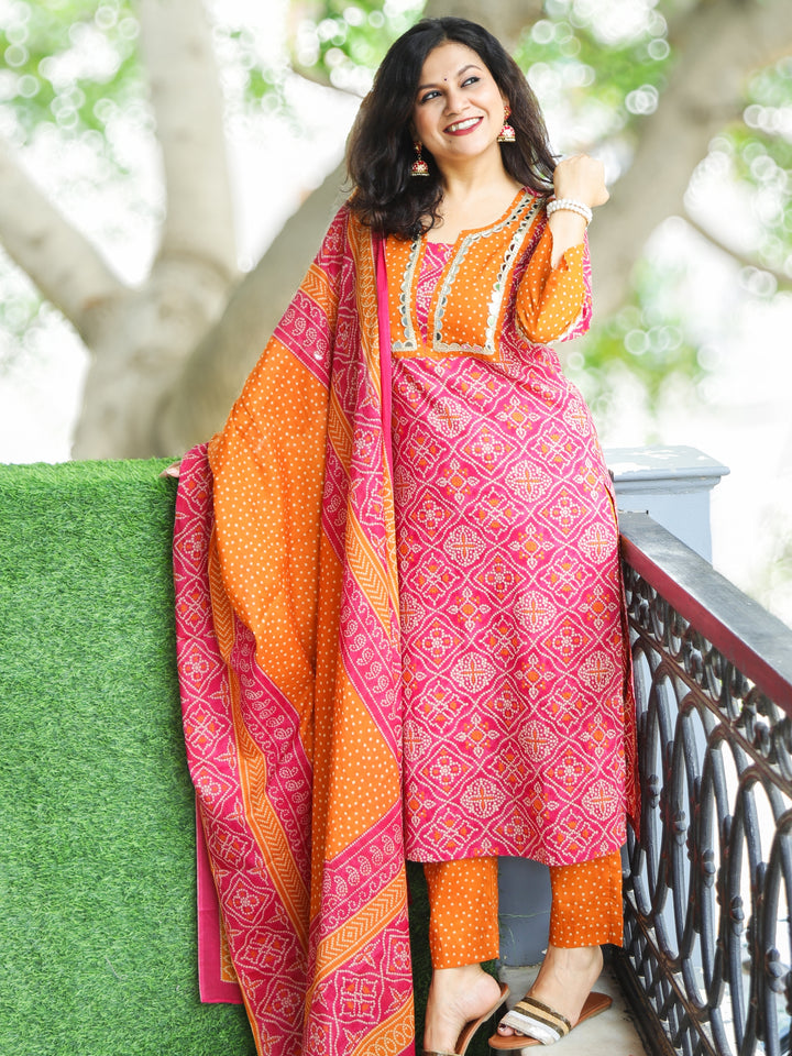 Rimjhim Barbie Pink with Polka Dot Yoke and Mirror Lace Bandhani Print Cotton 3 PIece Set
