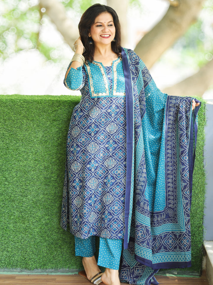 Rimjhim Dark Blue with Polka Dot Yoke and Mirror Lace Bandhani Print Cotton 3 PIece Set