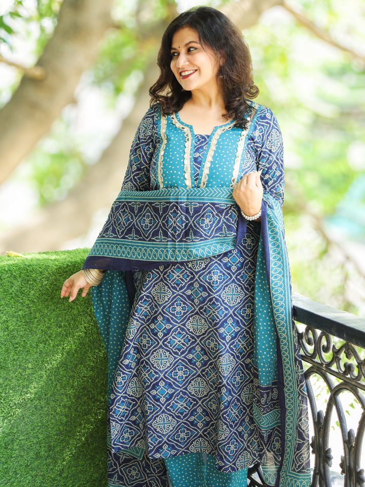 Rimjhim Dark Blue with Polka Dot Yoke and Mirror Lace Bandhani Print Cotton 3 PIece Set