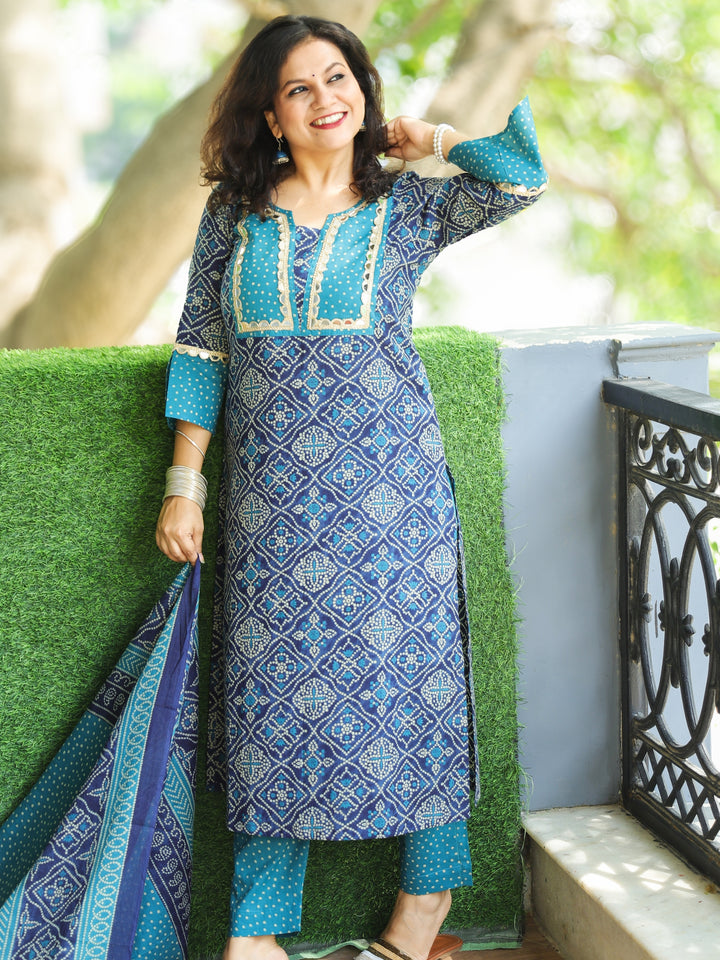 Rimjhim Dark Blue with Polka Dot Yoke and Mirror Lace Bandhani Print Cotton 3 PIece Set