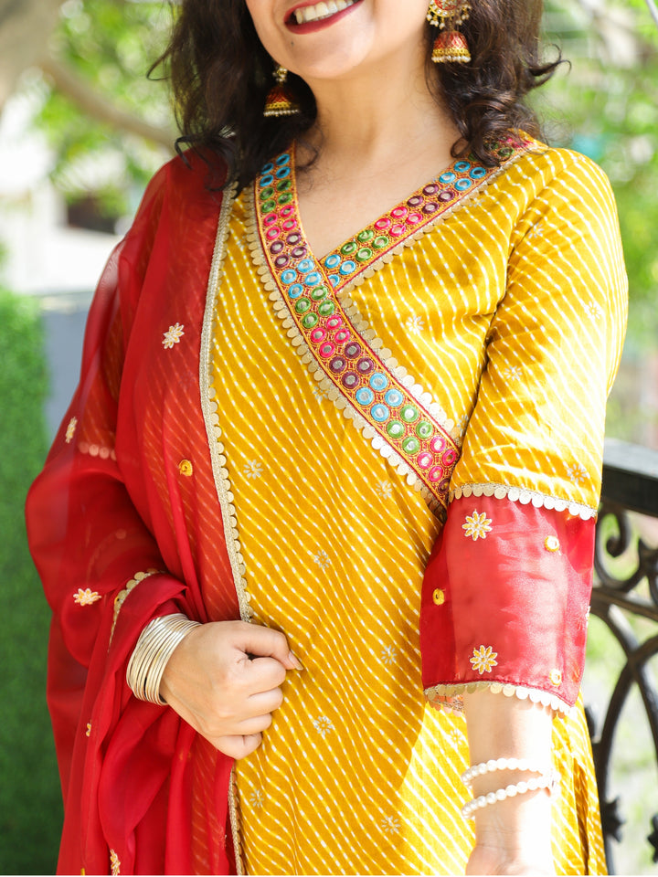 Suhani Mustard Yellow Angrakha Neck with Lace in Leheriya Print Cotton 3 PIece Set