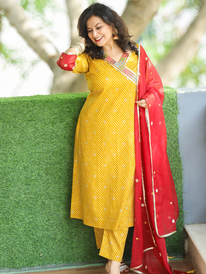 Suhani Mustard Yellow Angrakha Neck with Lace in Leheriya Print Cotton 3 PIece Set