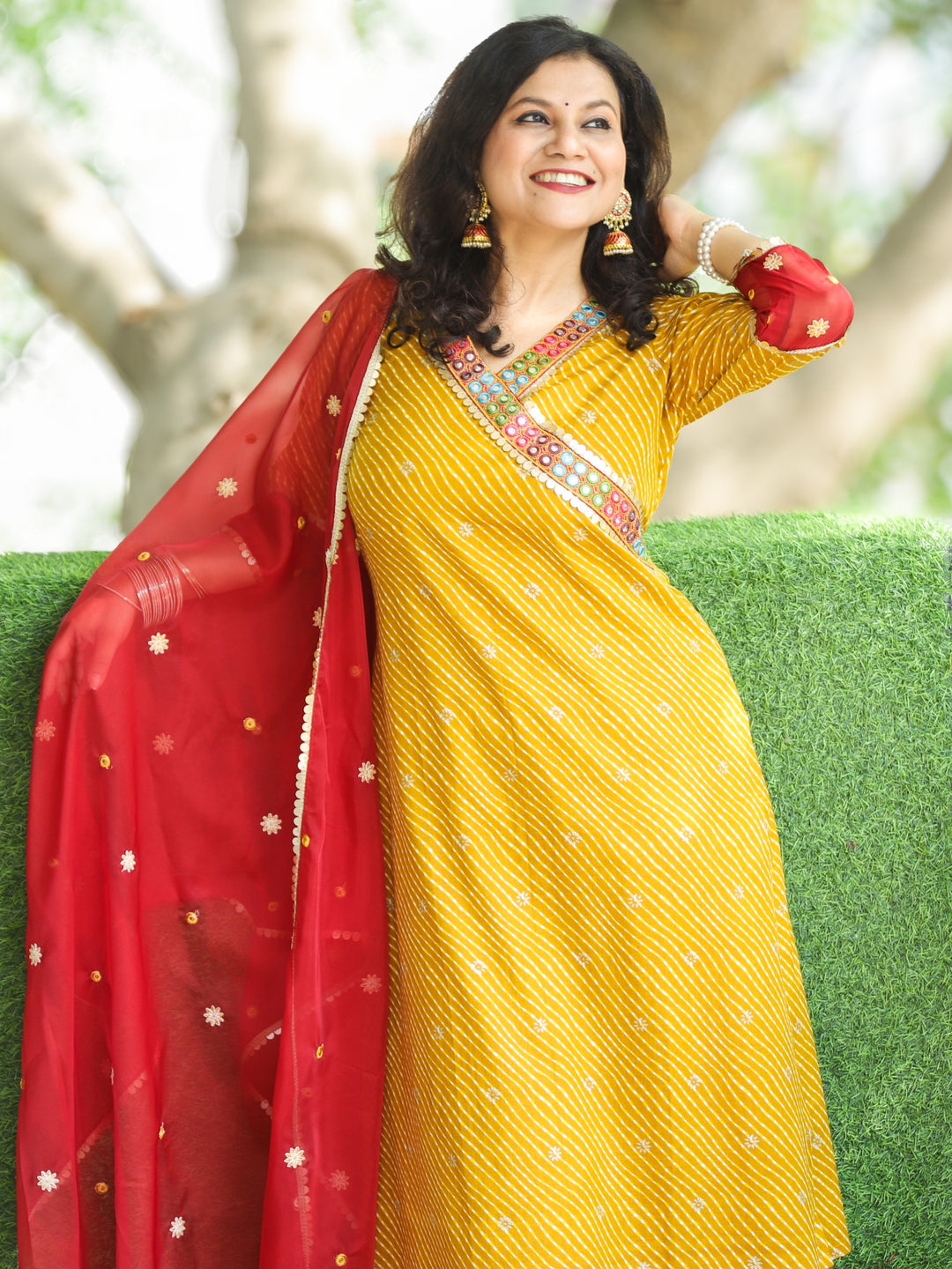 Suhani Mustard Yellow Angrakha Neck with Lace in Leheriya Print Cotton 3 PIece Set