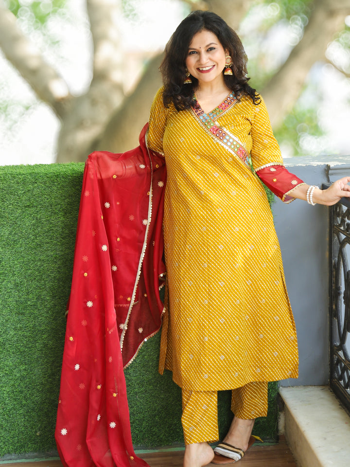 Suhani Mustard Yellow Angrakha Neck with Lace in Leheriya Print Cotton 3 PIece Set