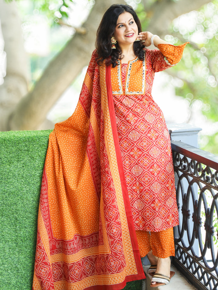 Rimjhim Apple Red with Polka Dot Yoke and Mirror Lace Bandhani Print Cotton 3 PIece Set