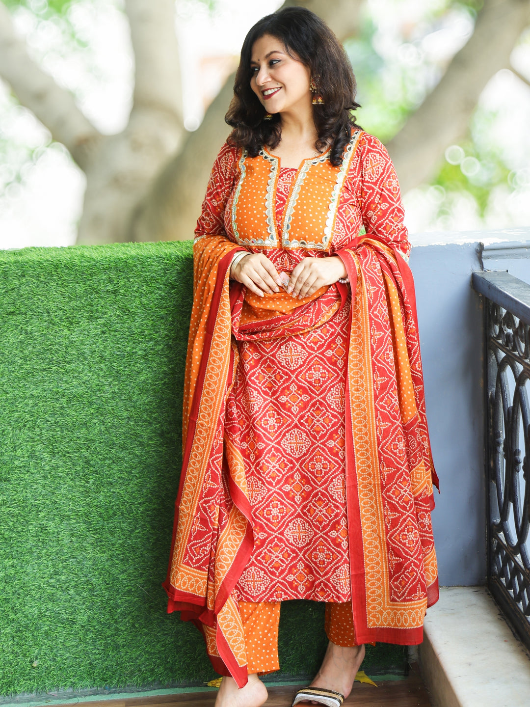 Rimjhim Apple Red with Polka Dot Yoke and Mirror Lace Bandhani Print Cotton 3 PIece Set