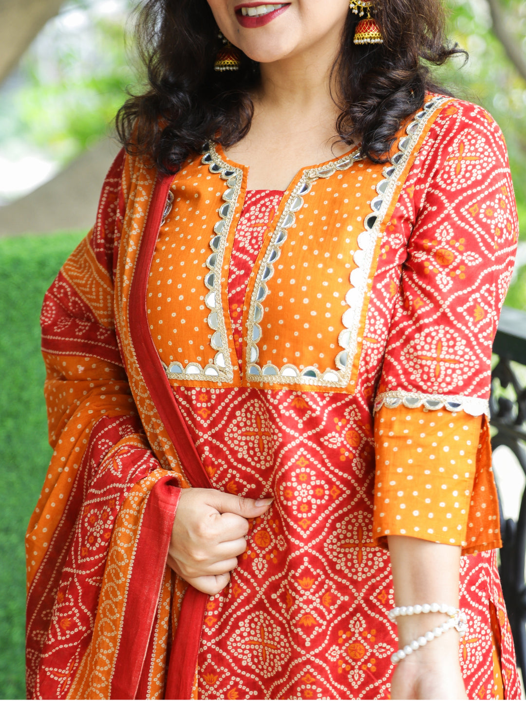 Rimjhim Apple Red with Polka Dot Yoke and Mirror Lace Bandhani Print Cotton 3 PIece Set