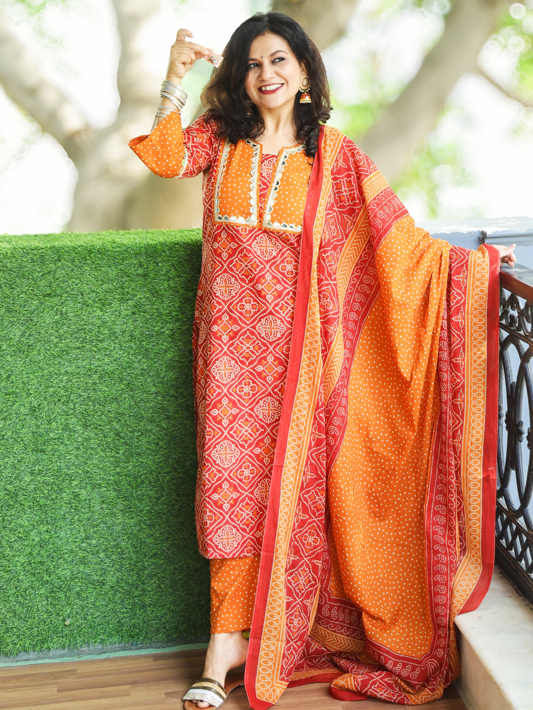 Rimjhim Apple Red with Polka Dot Yoke and Mirror Lace Bandhani Print Cotton 3 PIece Set