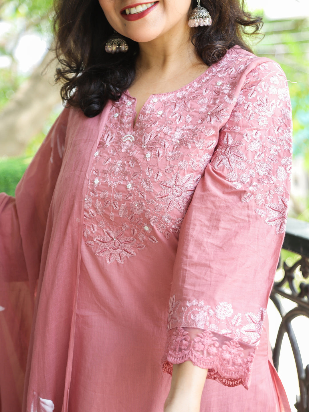 Sahiba Pink Mauve Embroidered Neck Work with Moti Cotton 3 Piece Set