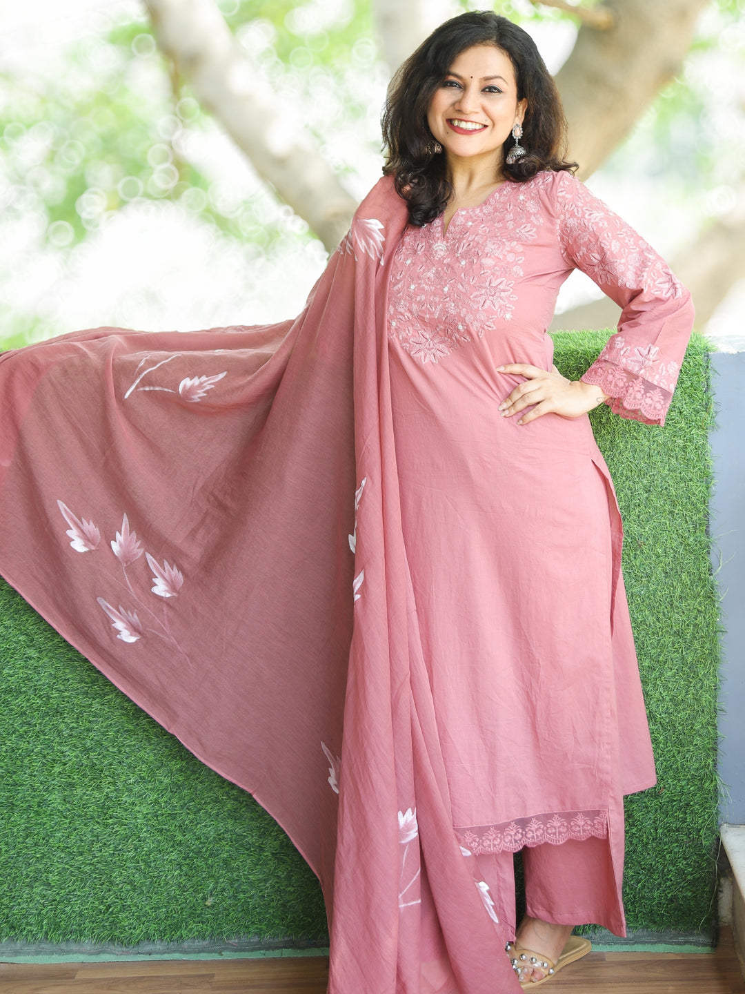 Sahiba Pink Mauve Embroidered Neck Work with Moti Cotton 3 Piece Set