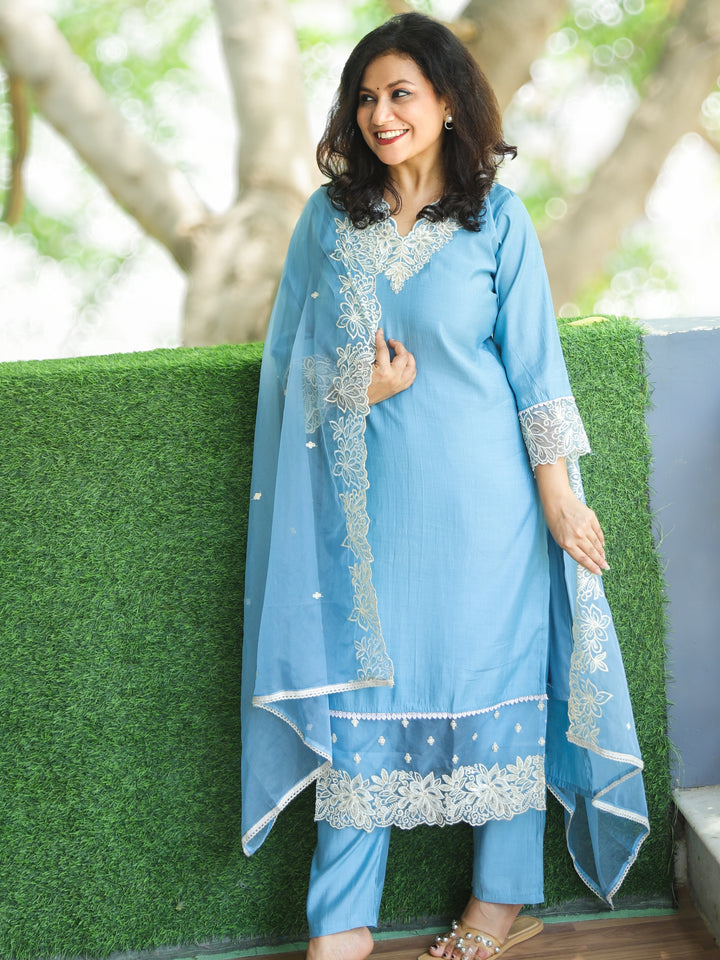 Sahiba Powder Blue V Embroidered Neck with Sequine Work Modal 3 Piece Set