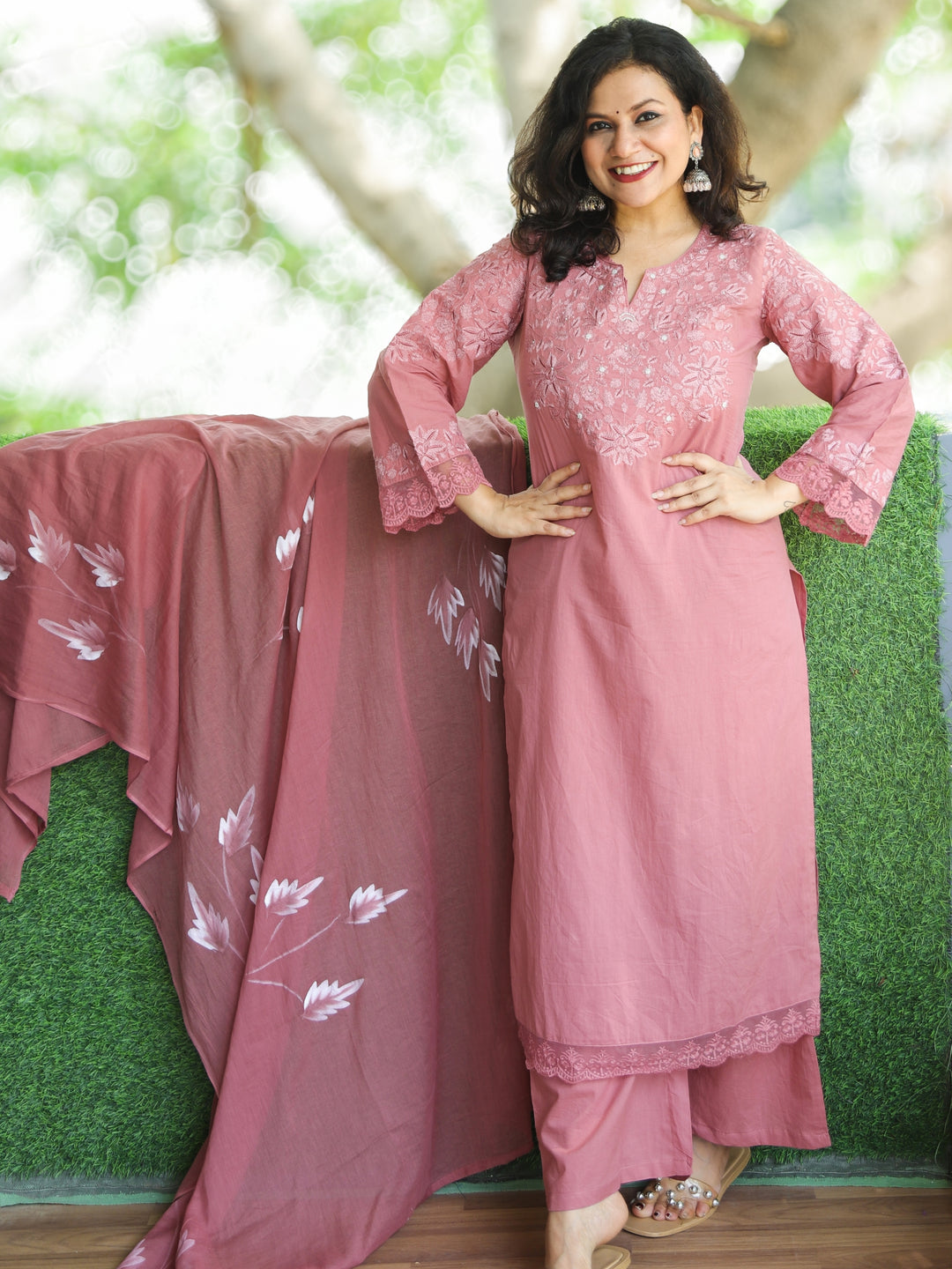 Sahiba Pink Mauve Embroidered Neck Work with Moti Cotton 3 Piece Set