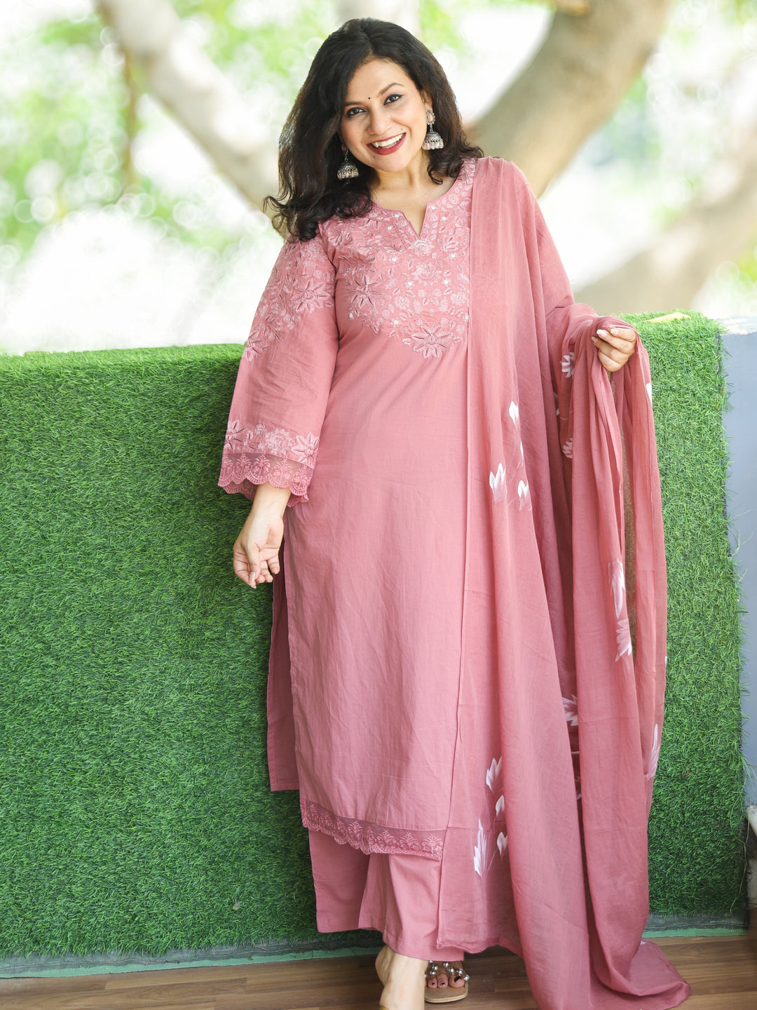 Sahiba Pink Mauve Embroidered Neck Work with Moti Cotton 3 Piece Set