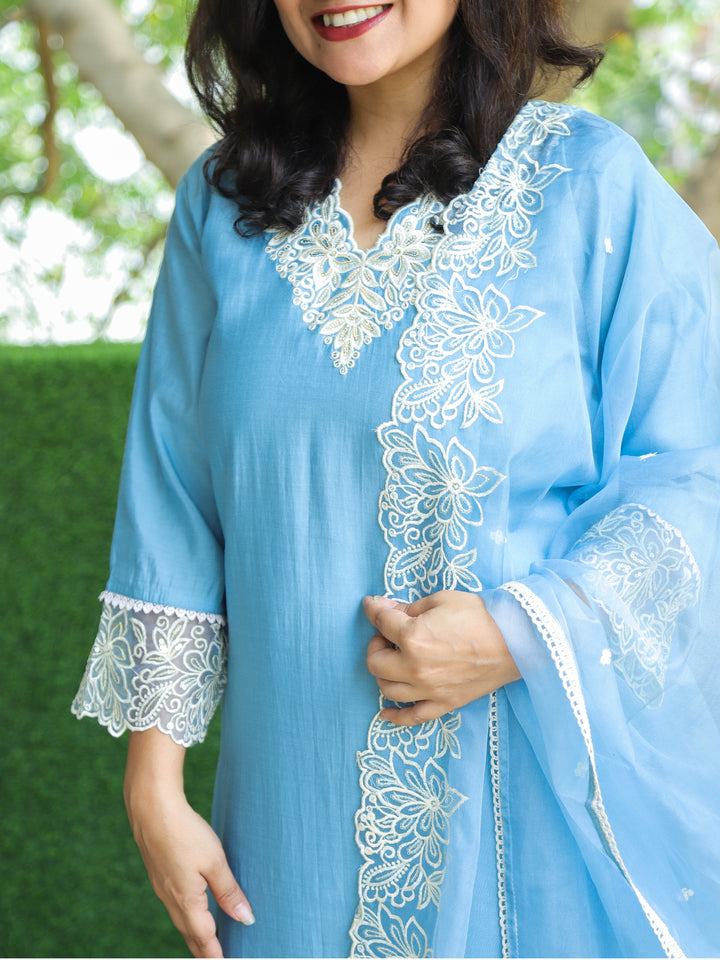 Sahiba Powder Blue V Embroidered Neck with Sequine Work Modal 3 Piece Set