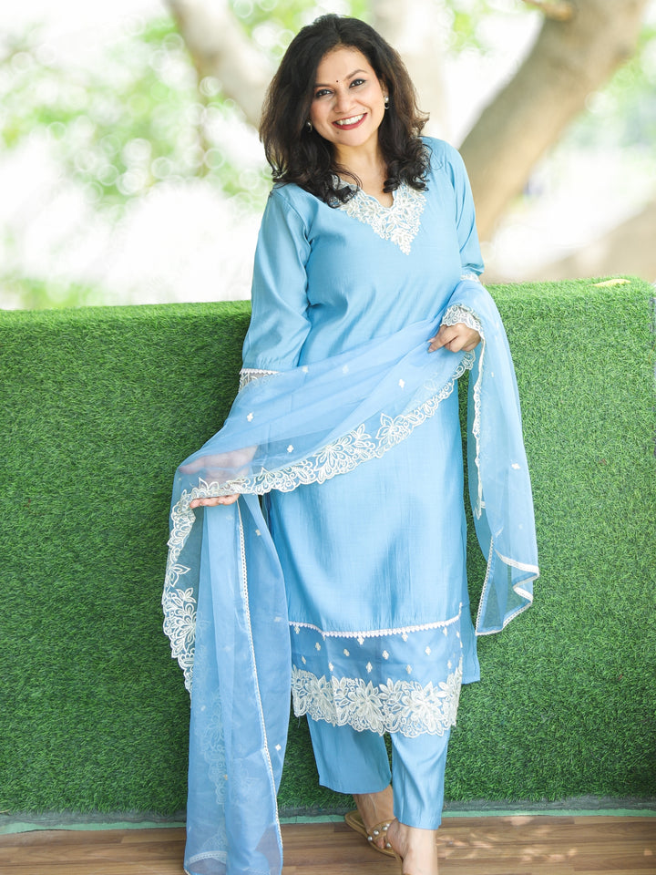 Sahiba Powder Blue V Embroidered Neck with Sequine Work Modal 3 Piece Set