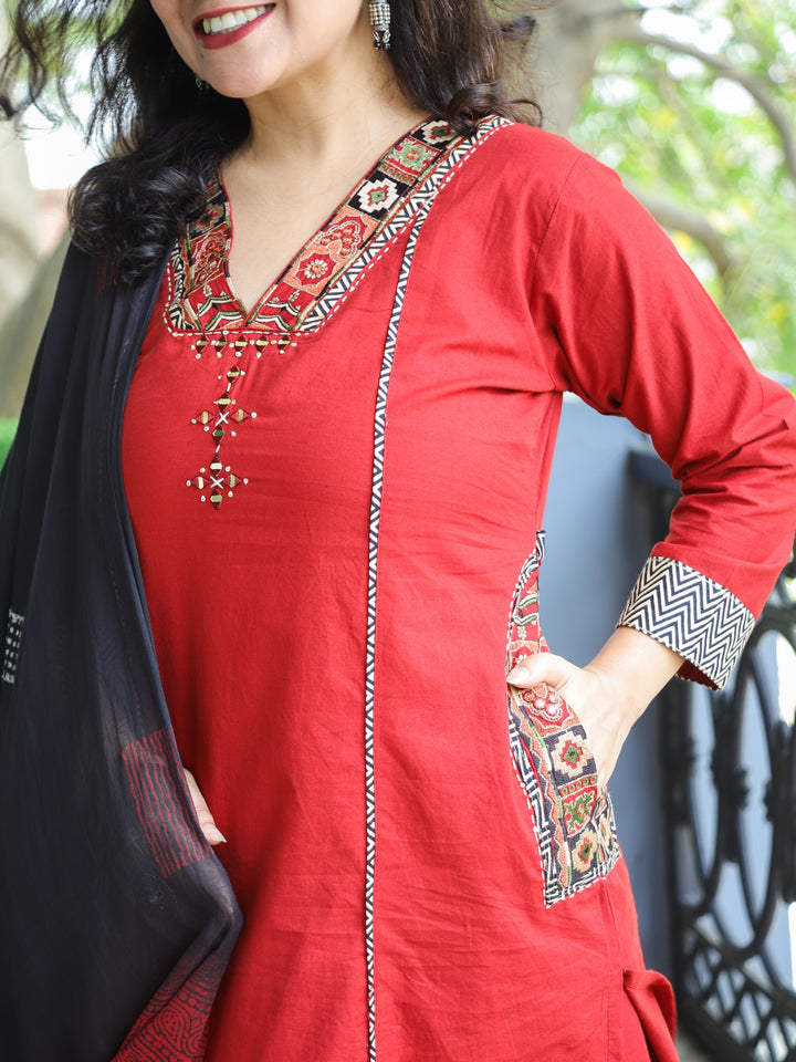 Sahiba Berry Red  Embriodered V Neck Patch Panel Cotton 3 Piece Set with Pocket