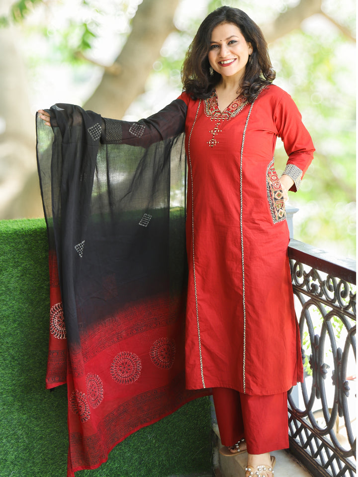 Sahiba Berry Red  Embriodered V Neck Patch Panel Cotton 3 Piece Set with Pocket