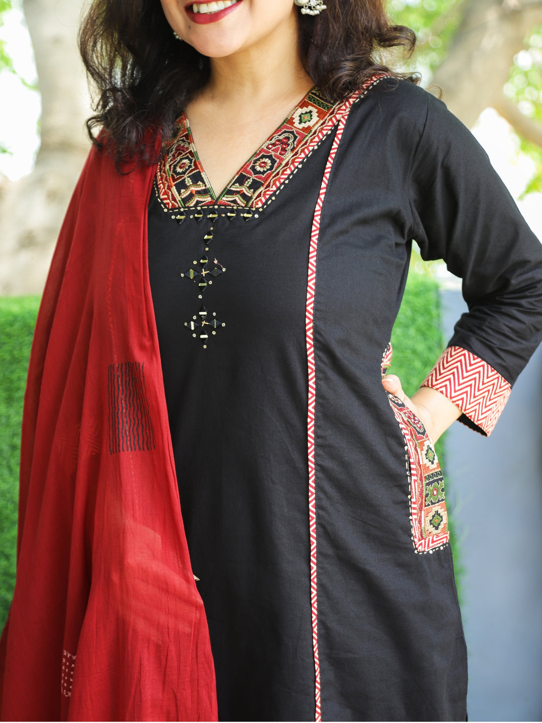 Sahiba Night Black Embriodered V Neck Patch Panel Cotton 3 Piece Set with Pocket