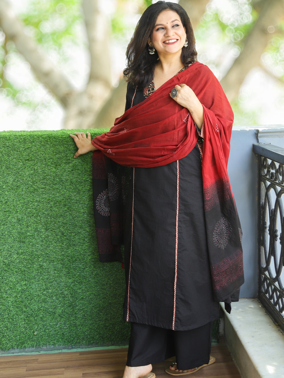 Sahiba Night Black Embriodered V Neck Patch Panel Cotton 3 Piece Set with Pocket