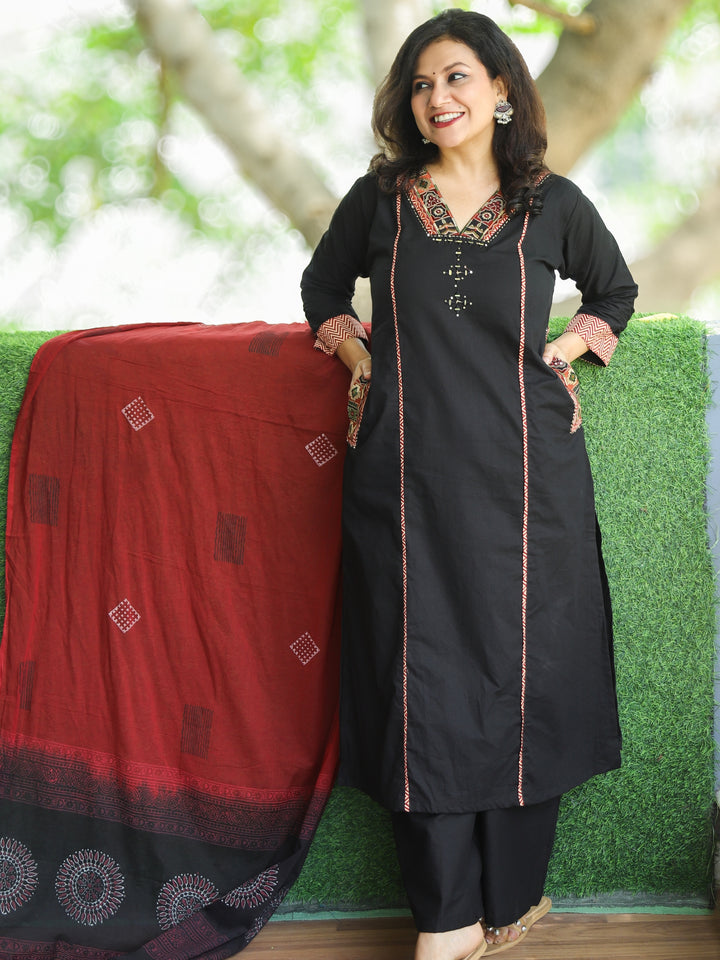 Sahiba Night Black Embriodered V Neck Patch Panel Cotton 3 Piece Set with Pocket