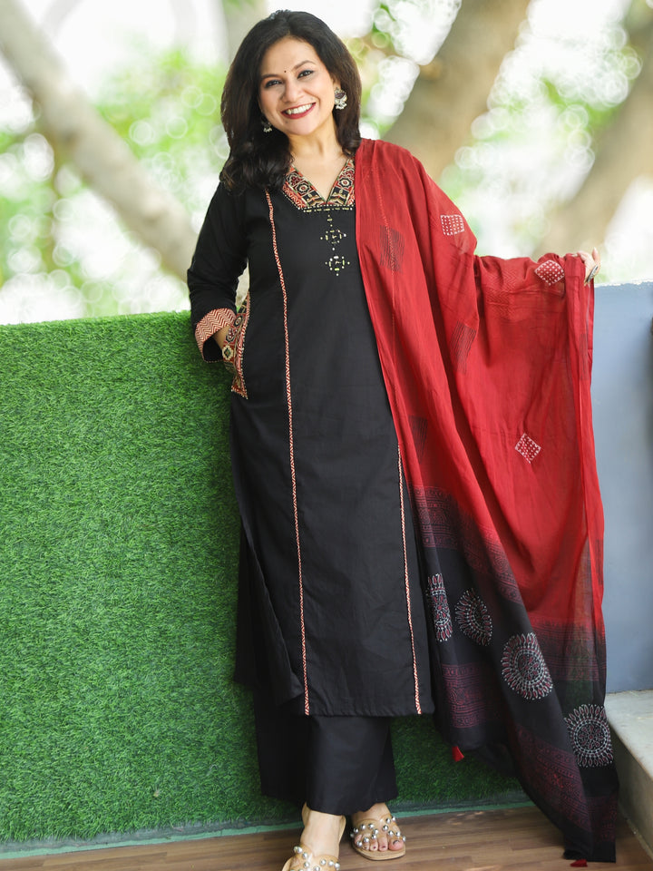 Sahiba Night Black Embriodered V Neck Patch Panel Cotton 3 Piece Set with Pocket