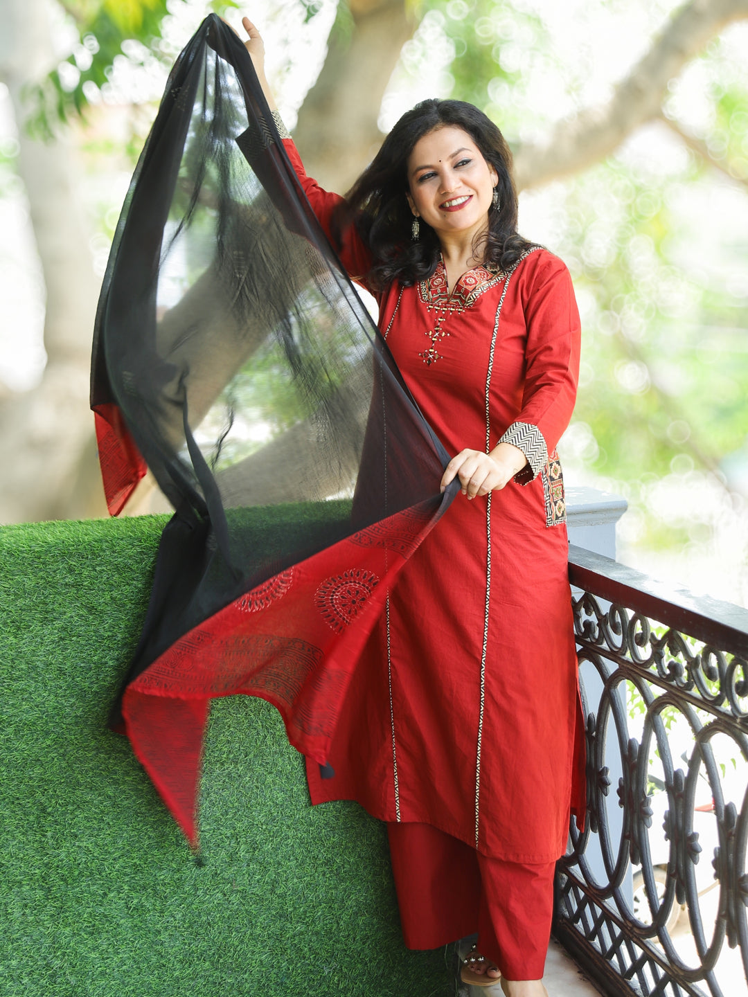 Sahiba Berry Red  Embriodered V Neck Patch Panel Cotton 3 Piece Set with Pocket