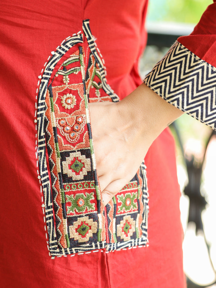 Sahiba Berry Red  Embriodered V Neck Patch Panel Cotton 3 Piece Set with Pocket