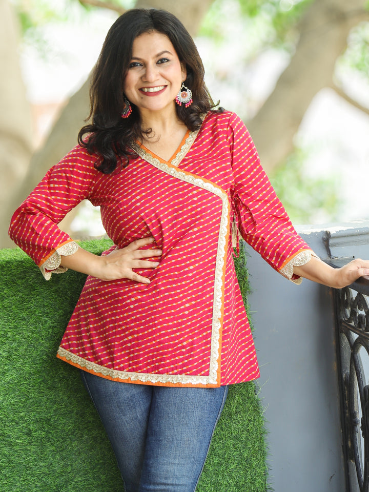 Chashni Rani Pink Angrakha Embellish Lace Work Leheriya Print Short Cotton Kurti
