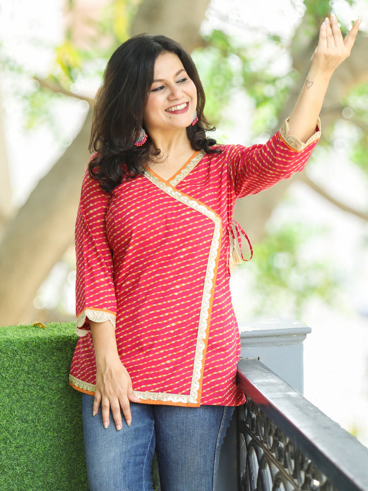 Chashni Rani Pink Angrakha Embellish Lace Work Leheriya Print Short Cotton Kurti