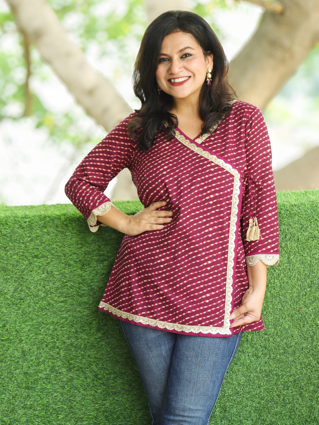 Chashni Eggplant Purple Angrakha Embellish Lace Work Leheriya Print Short Cotton Kurti