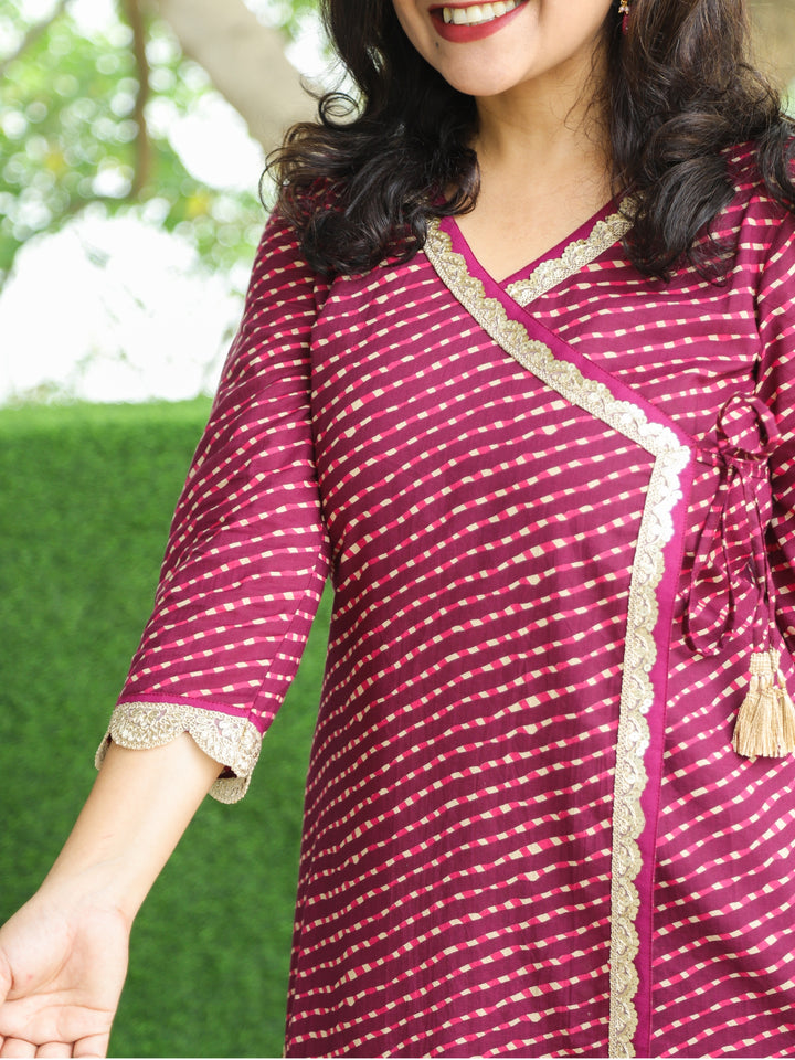 Chashni Eggplant Purple Angrakha Embellish Lace Work Leheriya Print Short Cotton Kurti
