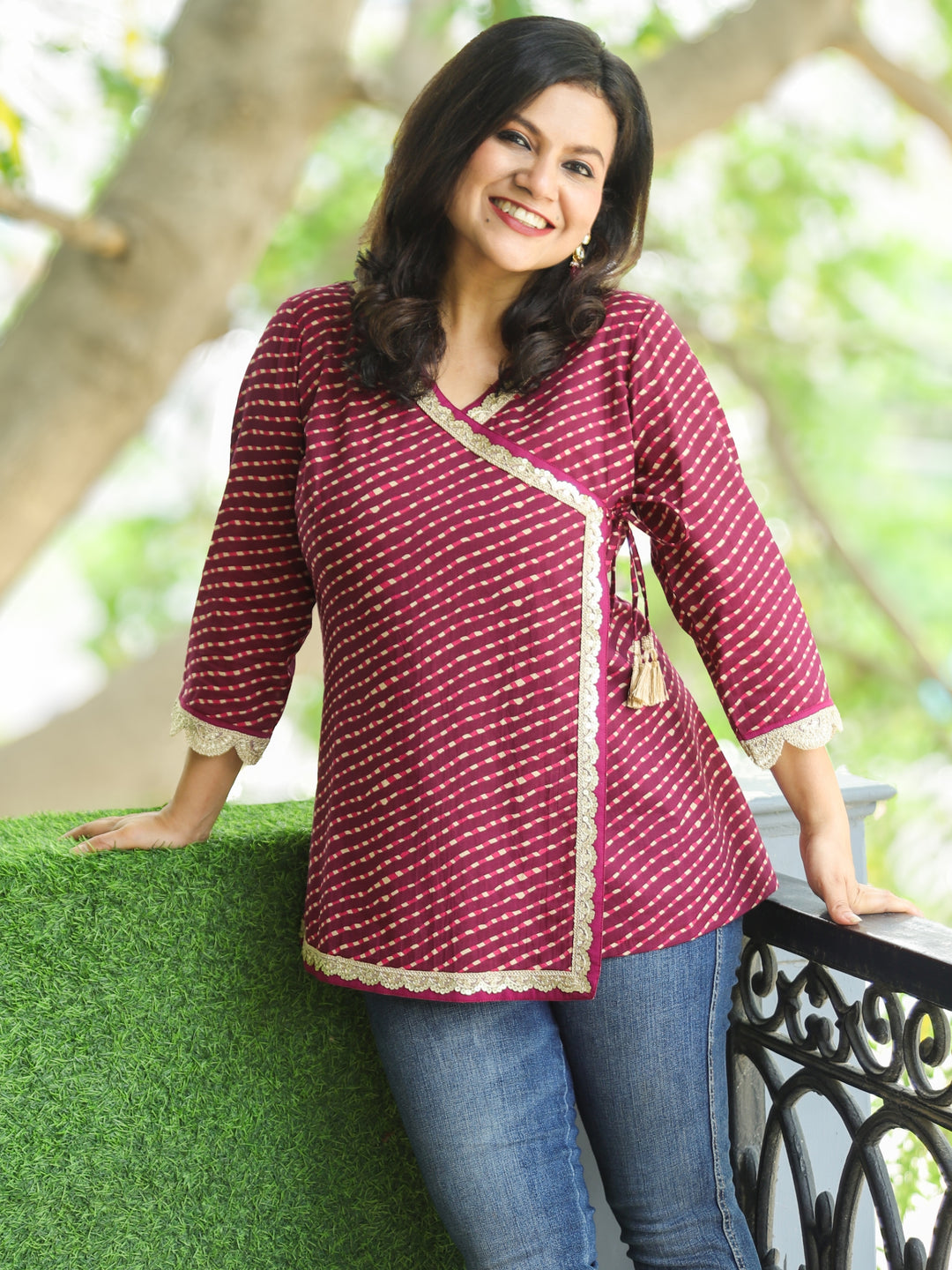 Chashni Eggplant Purple Angrakha Embellish Lace Work Leheriya Print Short Cotton Kurti