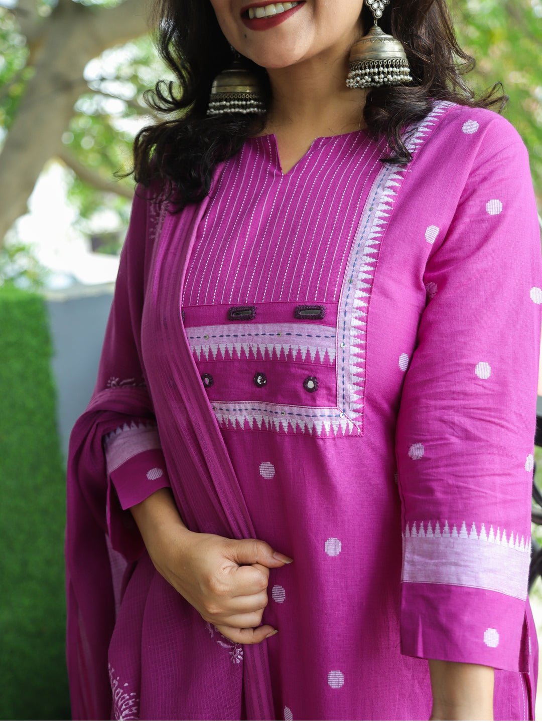 Sadka Orchid Purple in Running Stitch Yoke with Mirror in Weaved South Cotton 3 Piece Set