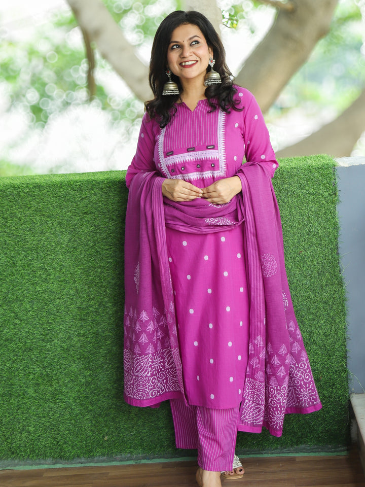 Sadka Orchid Purple in Running Stitch Yoke with Mirror in Weaved South Cotton 3 Piece Set
