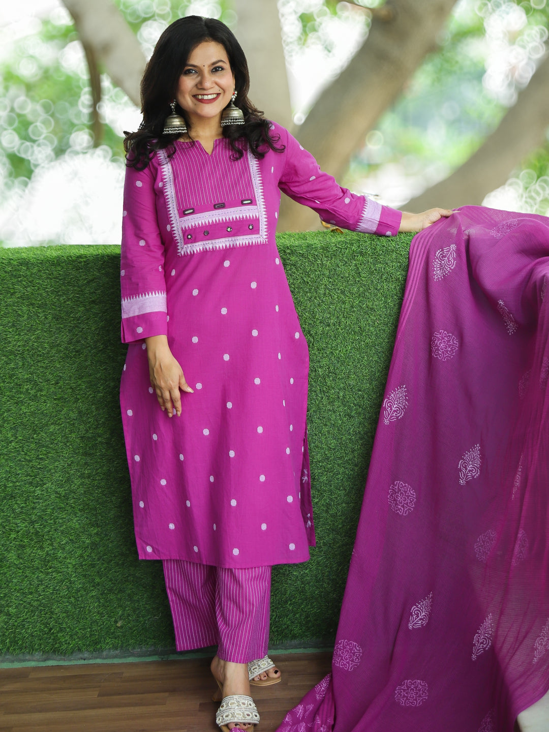 Sadka Orchid Purple in Running Stitch Yoke with Mirror in Weaved South Cotton 3 Piece Set
