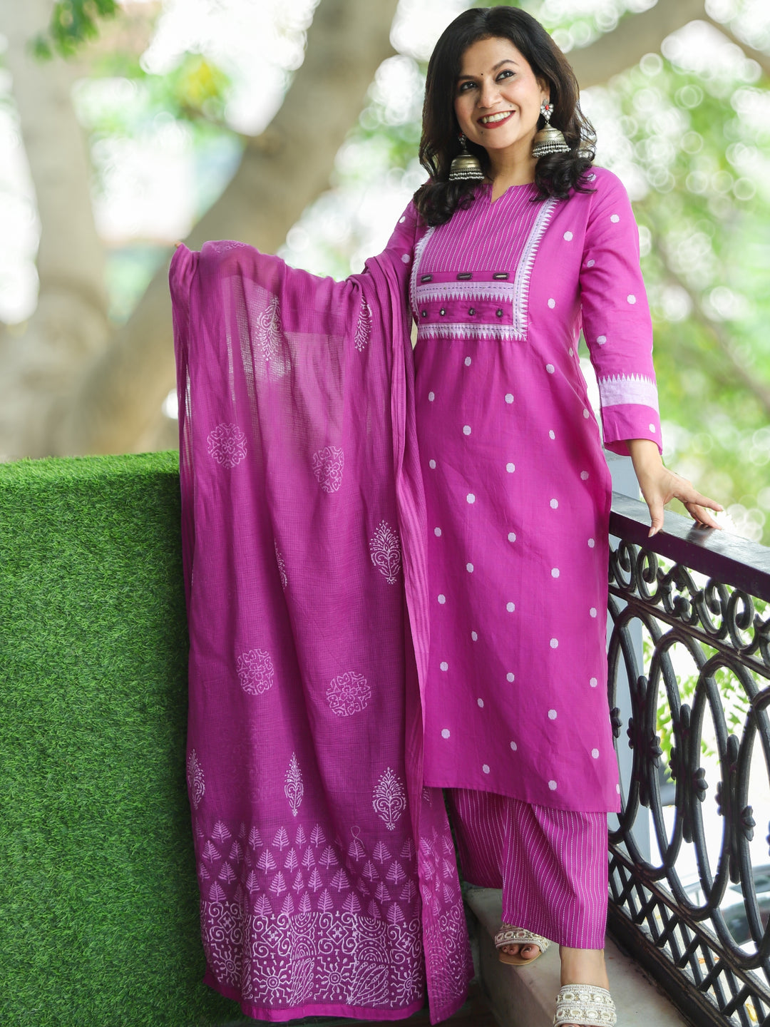 Sadka Orchid Purple in Running Stitch Yoke with Mirror in Weaved South Cotton 3 Piece Set