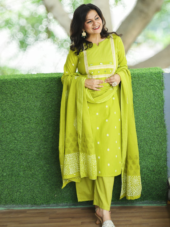 Sadka Lemon Yellow in Running Stitch Yoke with Mirror in Weaved South Cotton 3 Piece Set