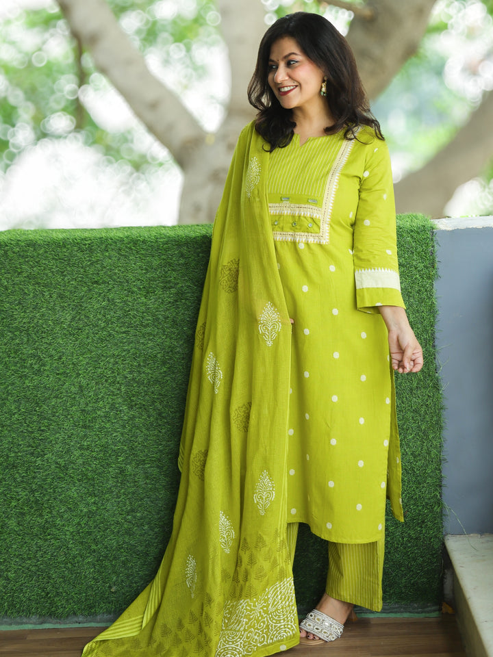 Sadka Lemon Yellow in Running Stitch Yoke with Mirror in Weaved South Cotton 3 Piece Set