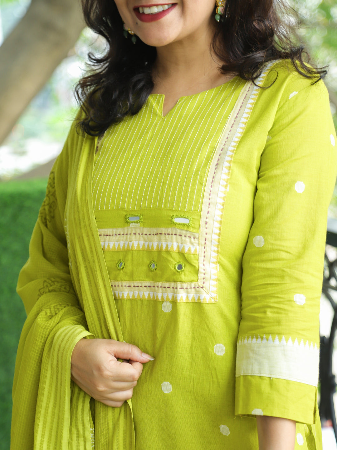Sadka Lemon Yellow in Running Stitch Yoke with Mirror in Weaved South Cotton 3 Piece Set