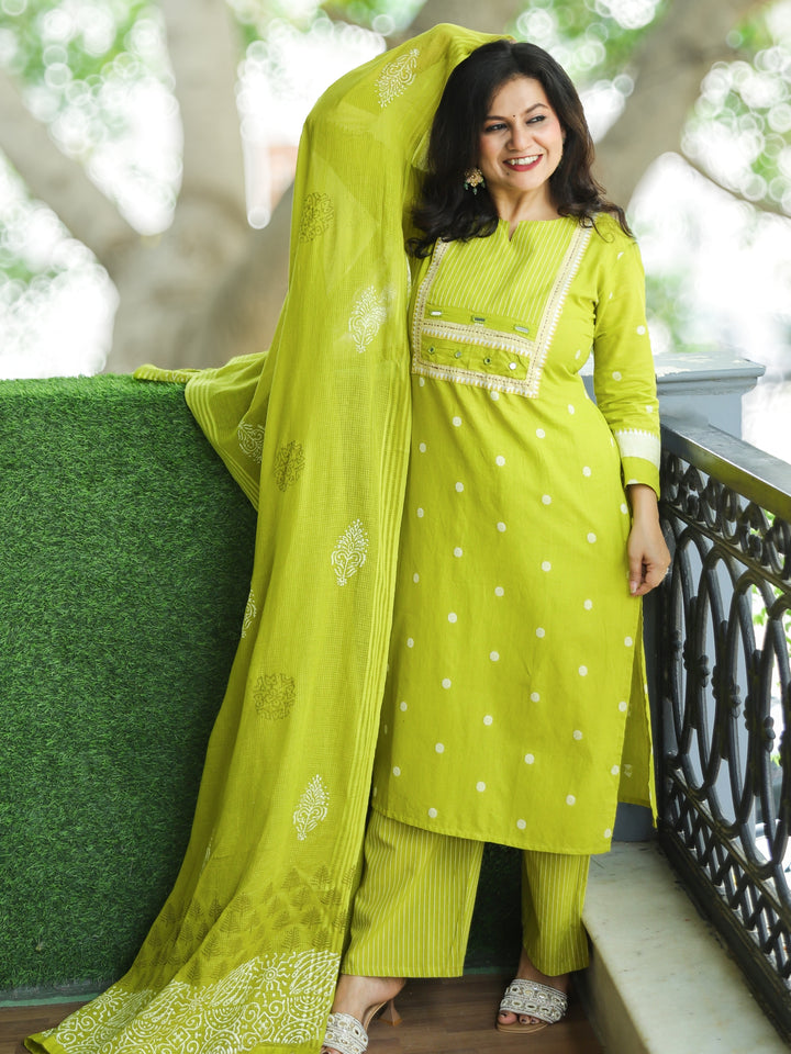 Sadka Lemon Yellow in Running Stitch Yoke with Mirror in Weaved South Cotton 3 Piece Set