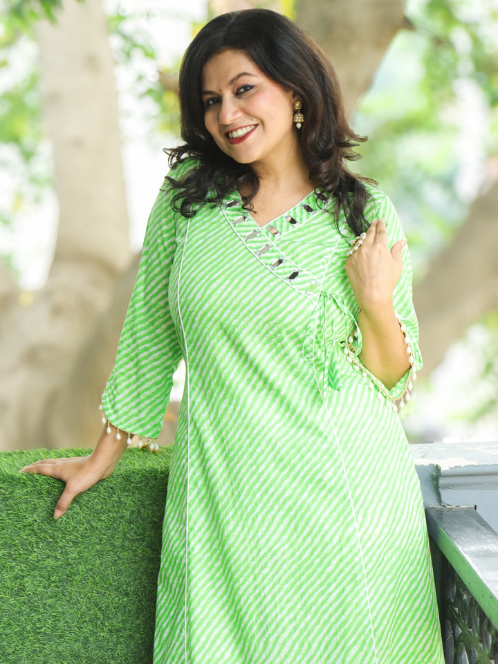 Lehar Neon Green Angrakha Neck with Mirror in leheriya Print Cotton Kurti