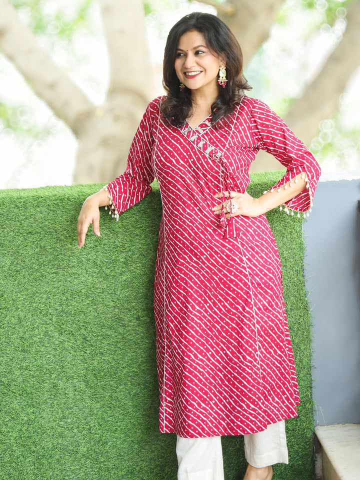 Lehar Magenta Pink Angrakha Neck with Mirror in leheriya Print Cotton Kurti
