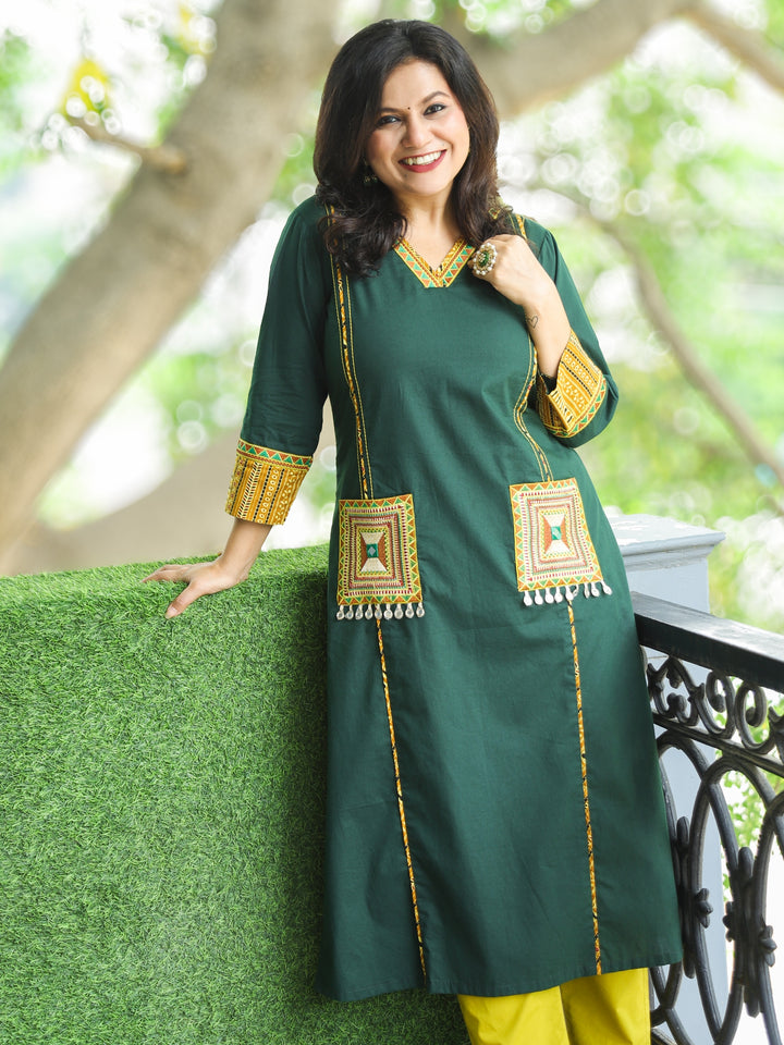 Gulkand Green V Neck Panel Cotton Kurti Embroidered Patch with Mirror Hanging on Pocket