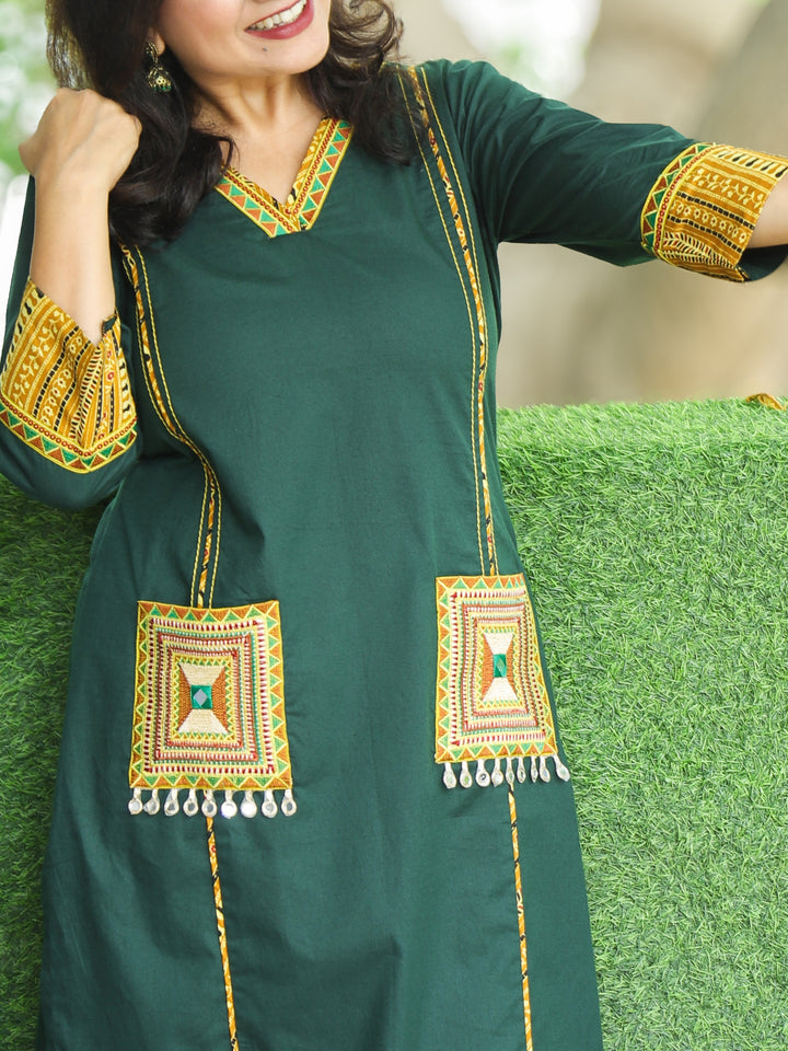 Gulkand Green V Neck Panel Cotton Kurti Embroidered Patch with Mirror Hanging on Pocket