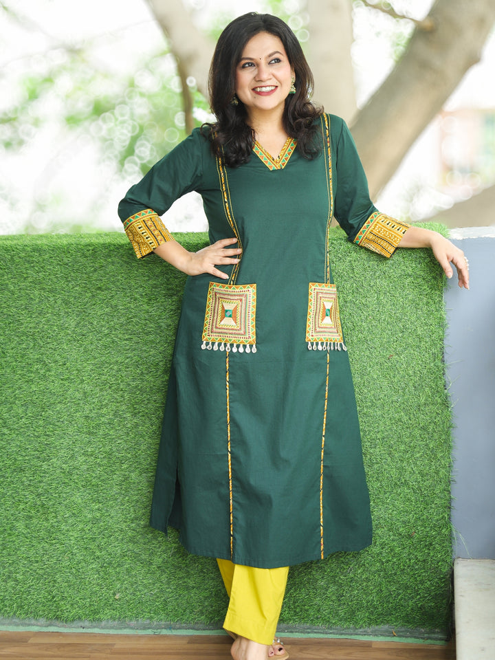 Gulkand Green V Neck Panel Cotton Kurti Embroidered Patch with Mirror Hanging on Pocket