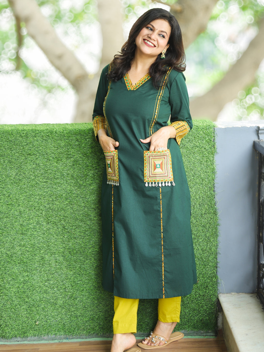 Gulkand Green V Neck Panel Cotton Kurti Embroidered Patch with Mirror Hanging on Pocket