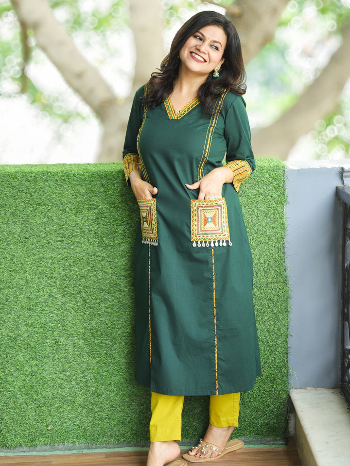 Gulkand Green V Neck Panel Cotton Kurti Embroidered Patch with Mirror Hanging on Pocket