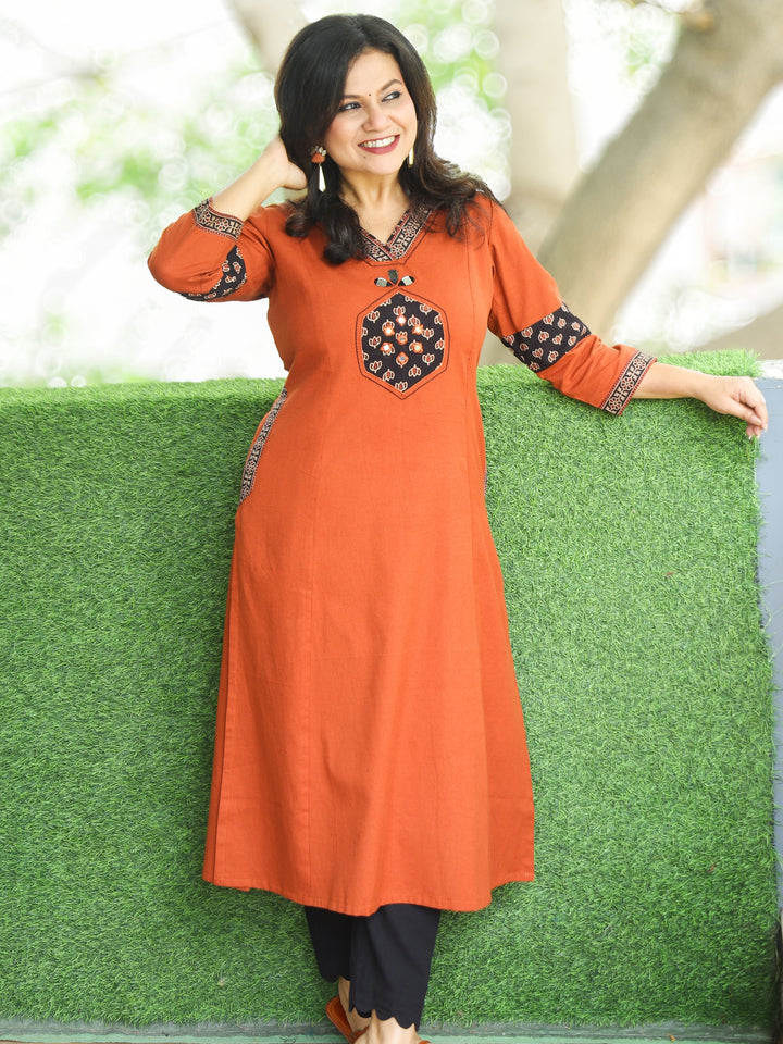 Jhalak Burnt Rust V Neck Mirror Work on Lotus Print Patch Cotton Kurti with Pocket