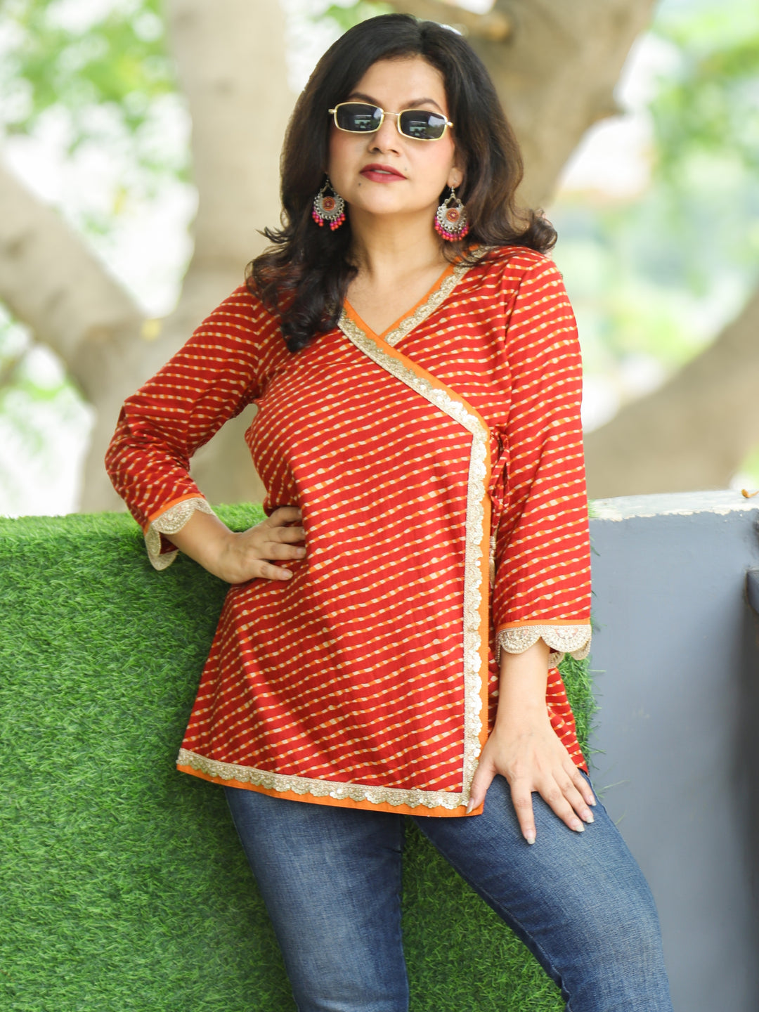 Chashni Rust Red Angrakha Embellish Lace Work Leheriya Print Short Cotton Kurti